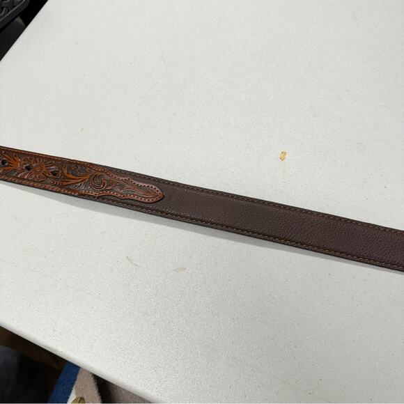 Nocona Tooled Brown Leather Belt Western Unisex 22 Floral Boho Silver Hardwear - Picture 10 of 10